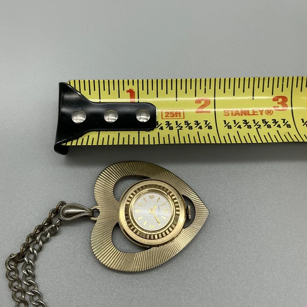 Vintage Caravelle Pendant Necklace Watch Womens 37mm Heart Gold Tone Manual Wind